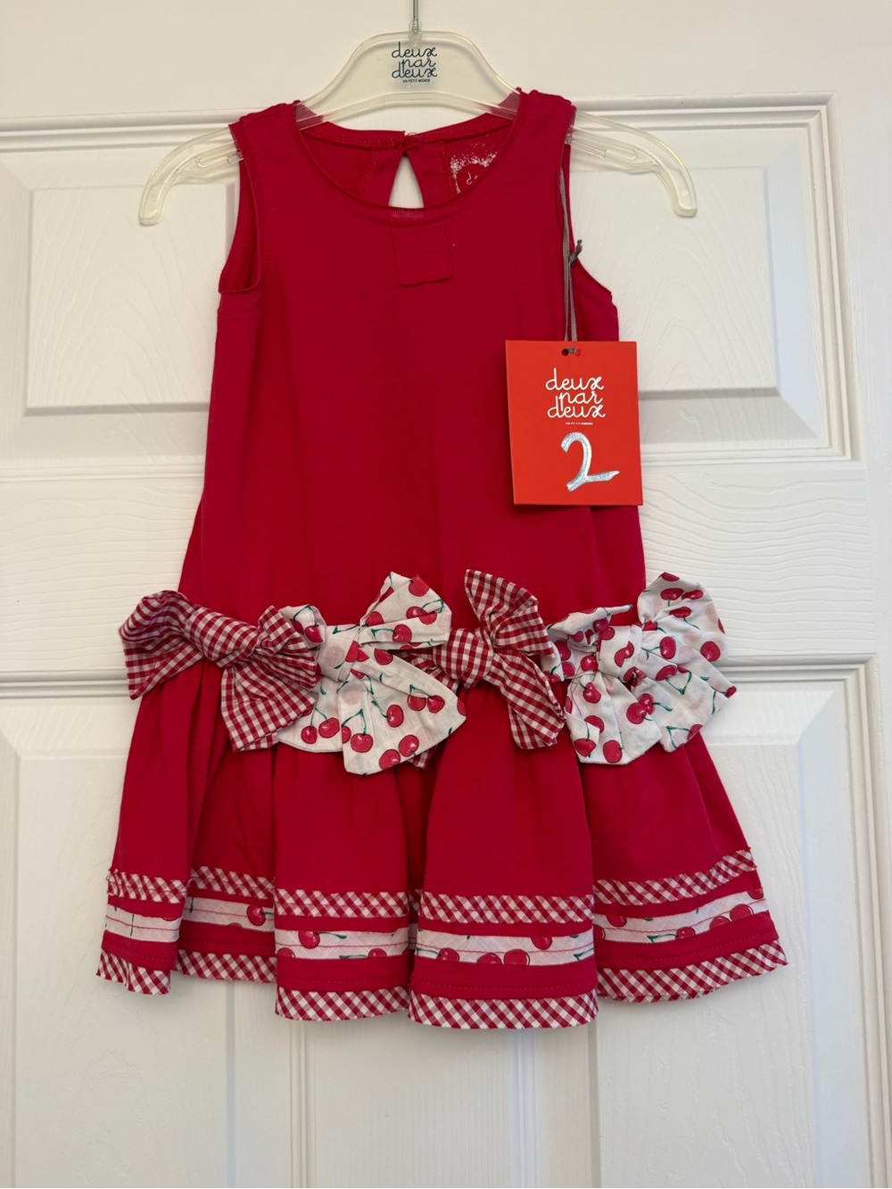 NWT Deux par Deux Red Cherry Bow Jersey Dress Gingham Size 2